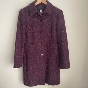 Jones New York Button Front Lady Coat Plum Wool Blend Tweed Size 10 Career